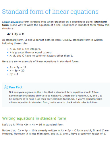 standard form of linear equations