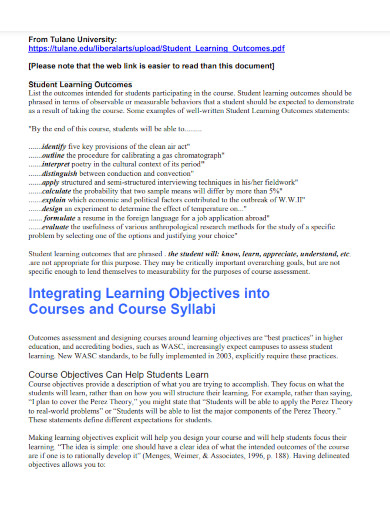 student learning objectives outcomes