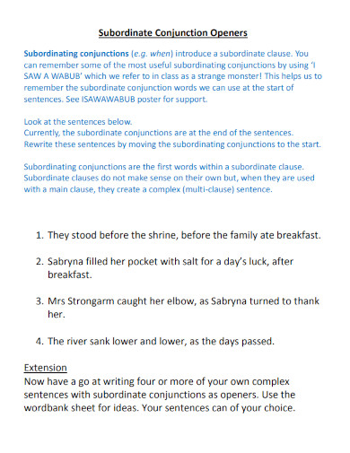 Subordinate Conjunction Openers Template 