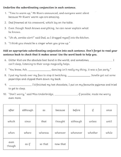 subordinating conjunctions answers