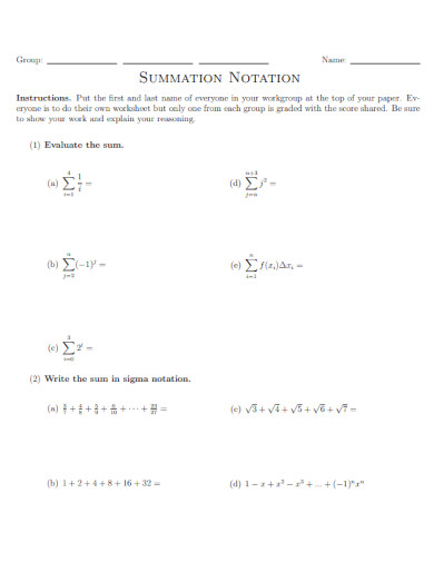 summation sheet example