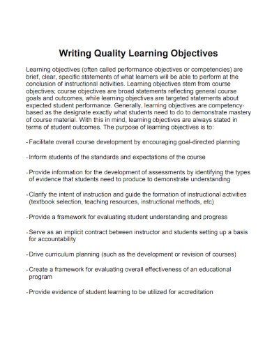 writing quality learning objectives