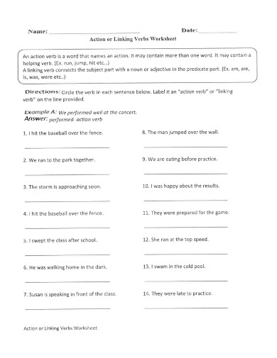 action or linking verbs worksheet