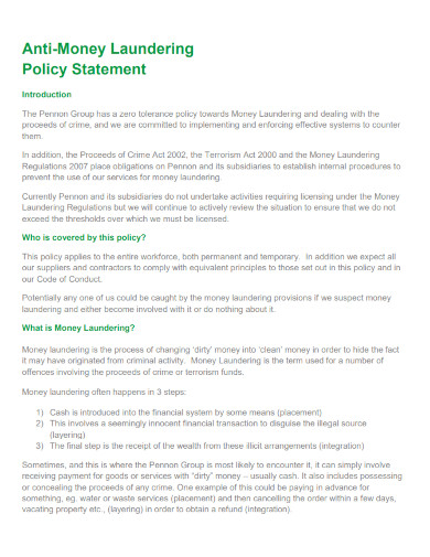 anti money laundering policy statement 