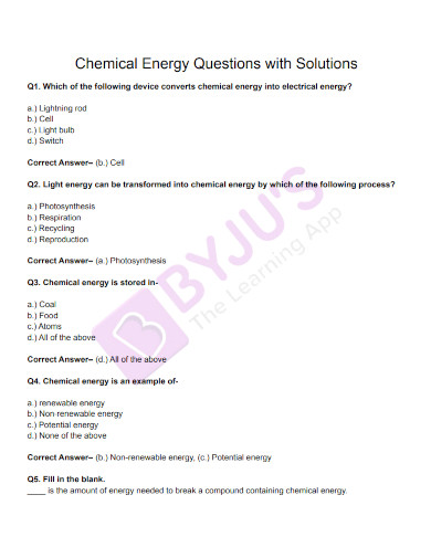 chemical energy questions