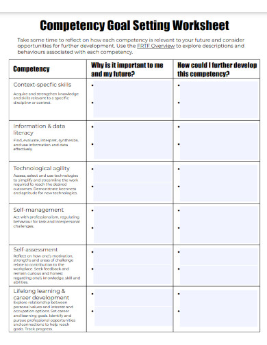 competency career goal setting worksheet