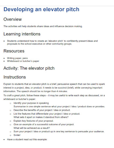 developing elevator pitch examples