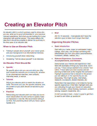 elevator pitch handout