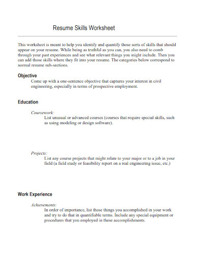 resume skills worksheet 