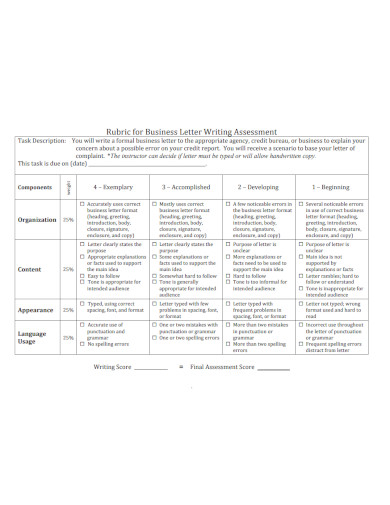 rubric for formal business letter writing assessment