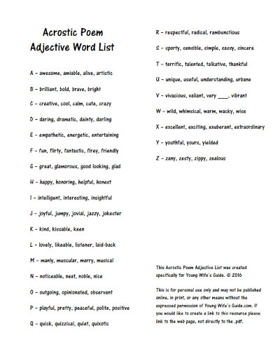 acrostic poem adjective word list
