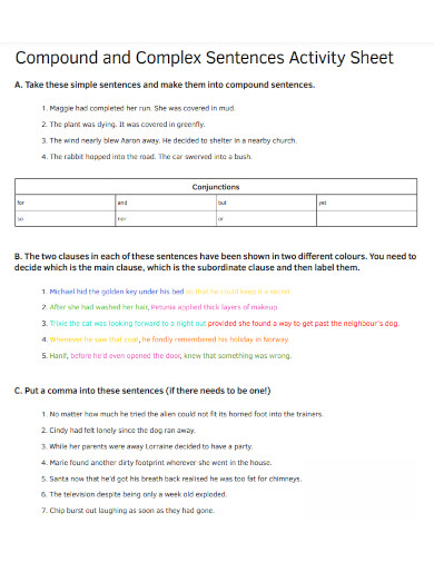 compound and complex sentences activity sheet 