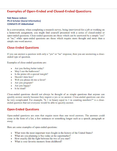 examples of open ended and closed ended questions