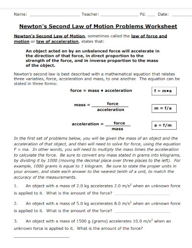 newtons second law of motion problems worksheet