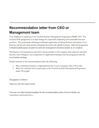 recommendation letter from ceo or management team