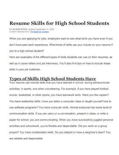 resume skills for high school students 