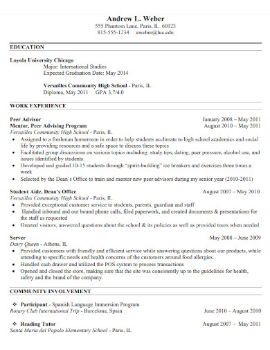 sample resume for student seeking part time job