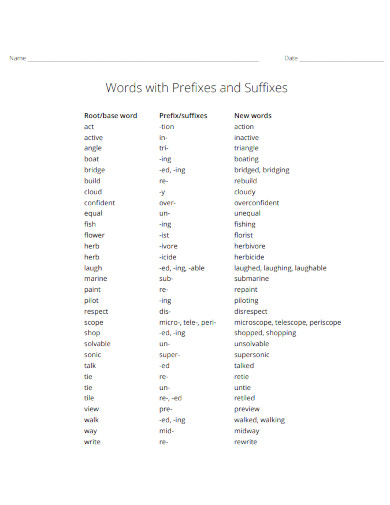 words with prefixes and suffixes