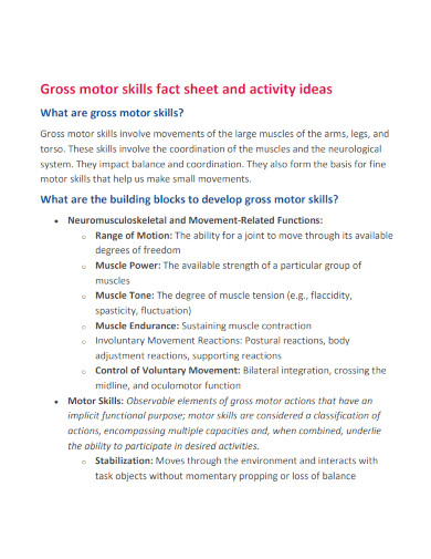 gross motor skills fact sheet and activity ideas