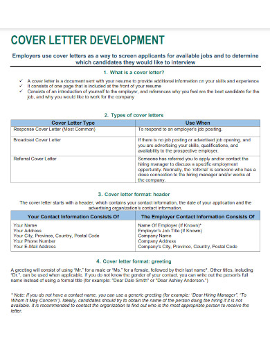job cover letter development