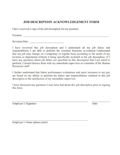 job description acknowledgement form 