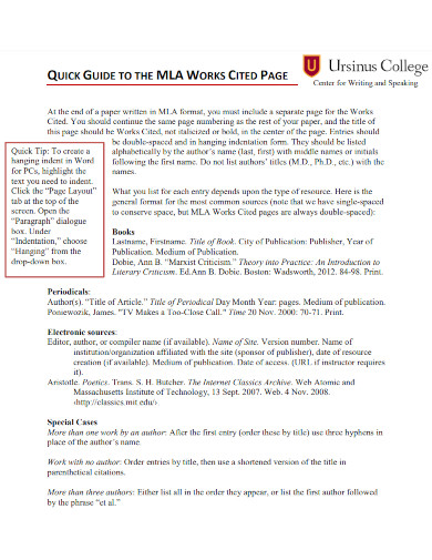 quick guide to mla works cited page