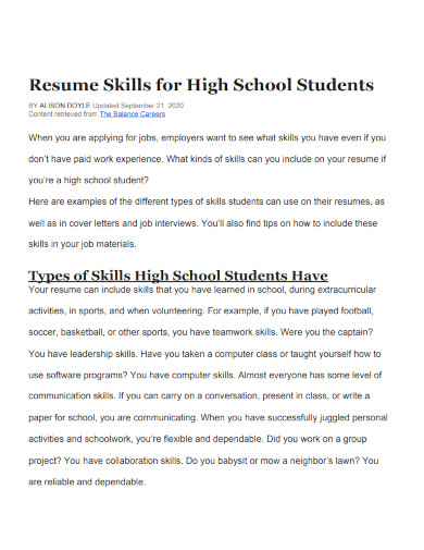 resume skills for high school students 