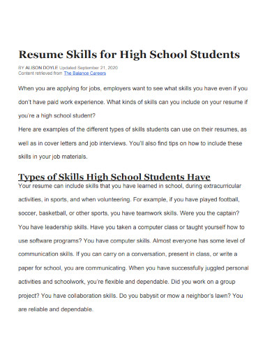 resume skills for high school students