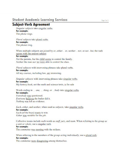 student academic learning services subject verb agreement
