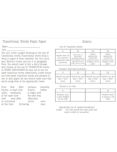 transitional words major paper rubric