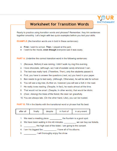 worksheet for transition words