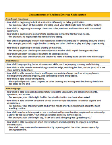characteristics of children entering kindergarten