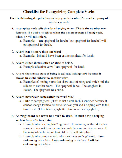 checklist for recognizing complete verbs