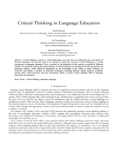 Critical Thinking in Language Education 