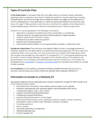 curriculum vitae for academic or research roles