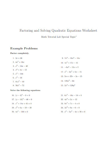 factoring and solving quadratic equations worksheet