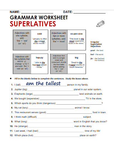 grammar worksheet superlatives