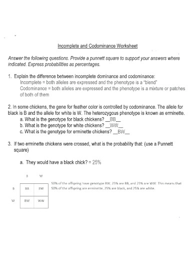 incomplete and codominance worksheet 