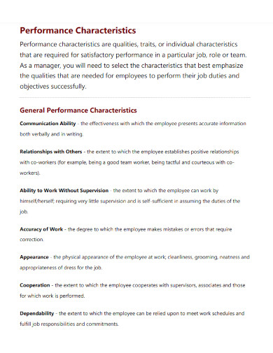 performance characteristics template 