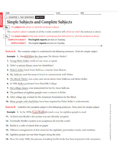 simple subjects and complete subjects