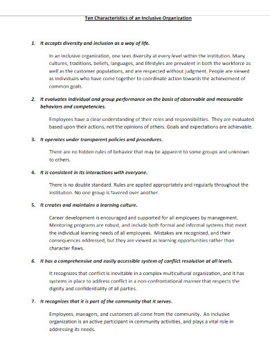 ten characteristics of an inclusive organization