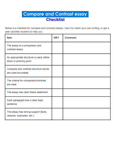 compare and contrast essay checklist