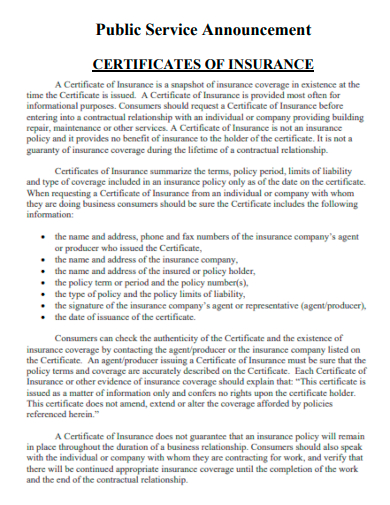 psa certificate of insurance