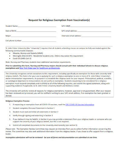 request for religious exemption from vaccination