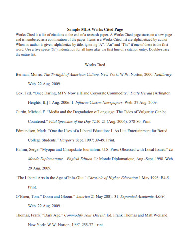 sample mla works cited page