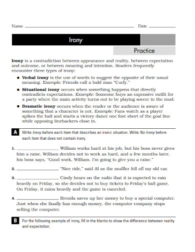 Types of Verbal Irony Worksheet