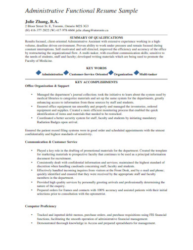 administrative functional resume sample