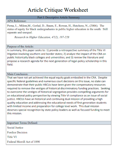 research journal article critique example