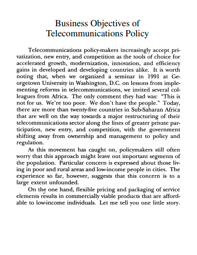 business objectives of telecommunications policy