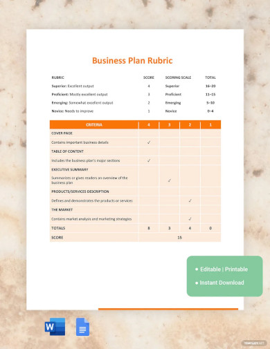 business plan rubric template
